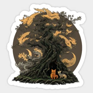 Japanese Kitsune Tree of Half-Moons and Foxes Sticker